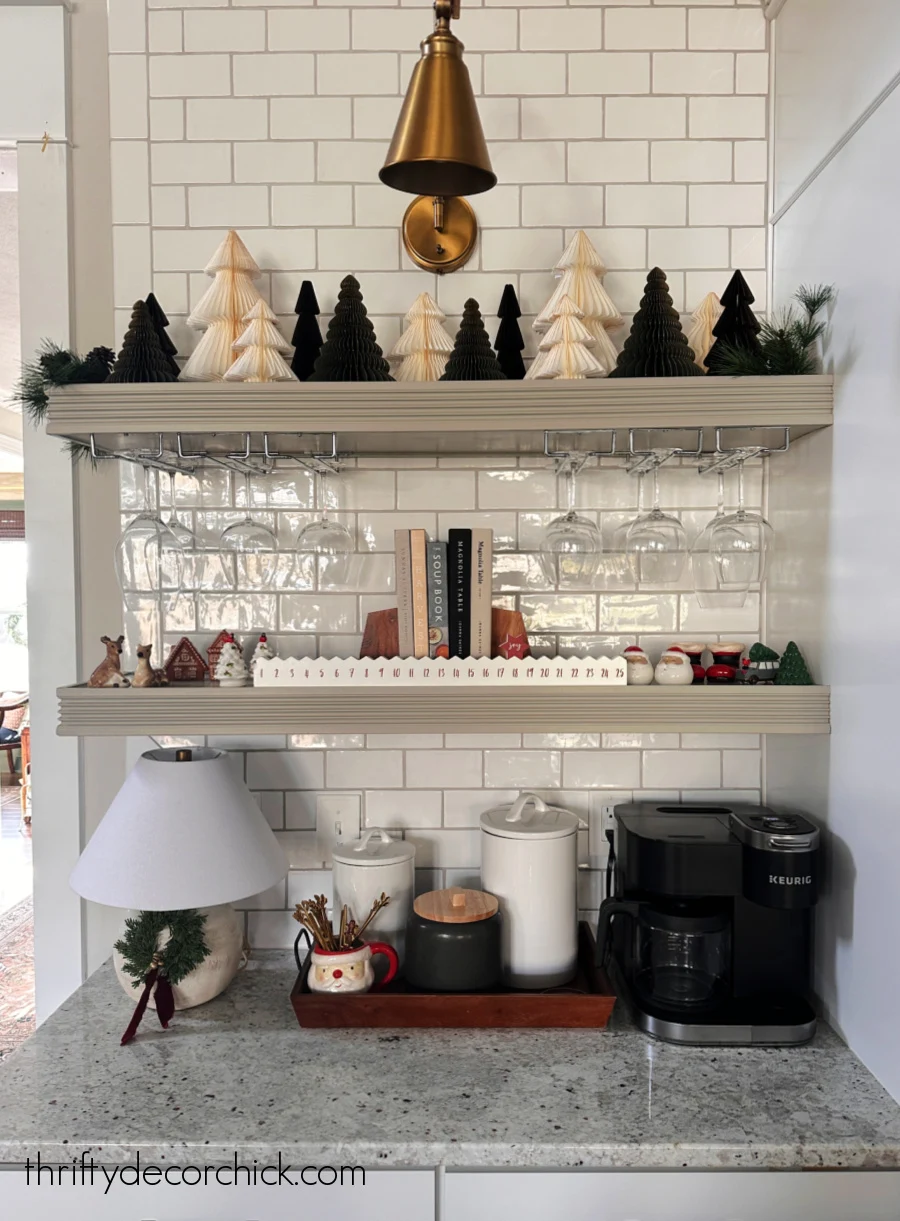 long floating shelves by fridge